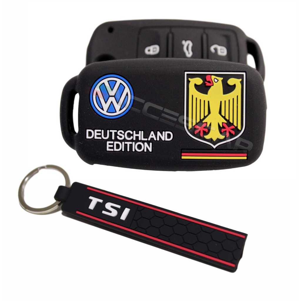 Kit Capa Silicone Chave Canivete 3 Botões Volkswagen Deutschland Edition + Chaveiro TSI Jetta Golf Up Tiguan Fox Gol