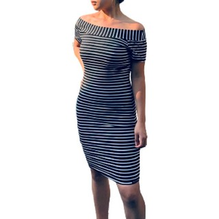 Vestido Listrado Feminino Ombro A Ombro Manga Curta