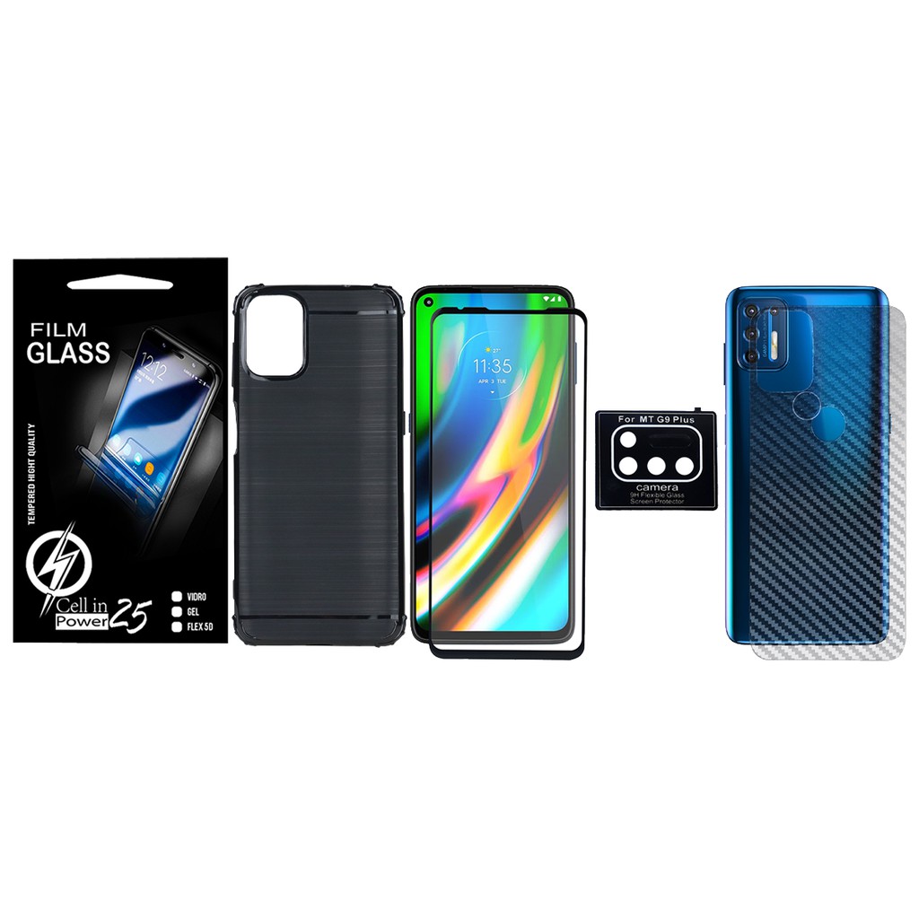 Capa Capinha Emborrachada Carbon Preta + Vidro Full 3D + Pelic Camera + Skin Fibra carbono Moto G9 Plus XT2087-1 (Tela 6.8)