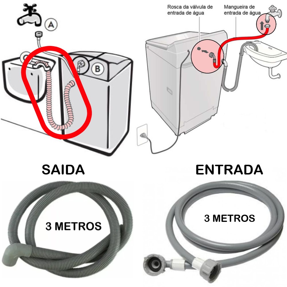 Kit Mangueira Entrada/saída Agua Maquina Lavar Universal 3m