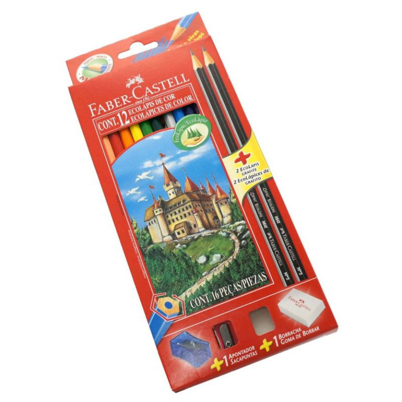 Lápis de Cor Faber Castell 12 Cores + 2 Lápis 1 Borracha 1 Apontador em Oferta na Shopee