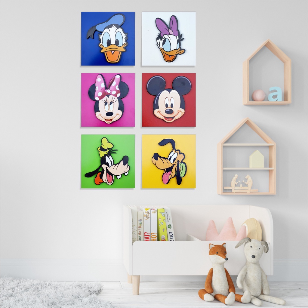 Kit 6 Quadros Turma do Mickey Cabeças Impressão Colorido Minnie Margarida Pluto Pateta Donald Alto Relevo MDF 6mm