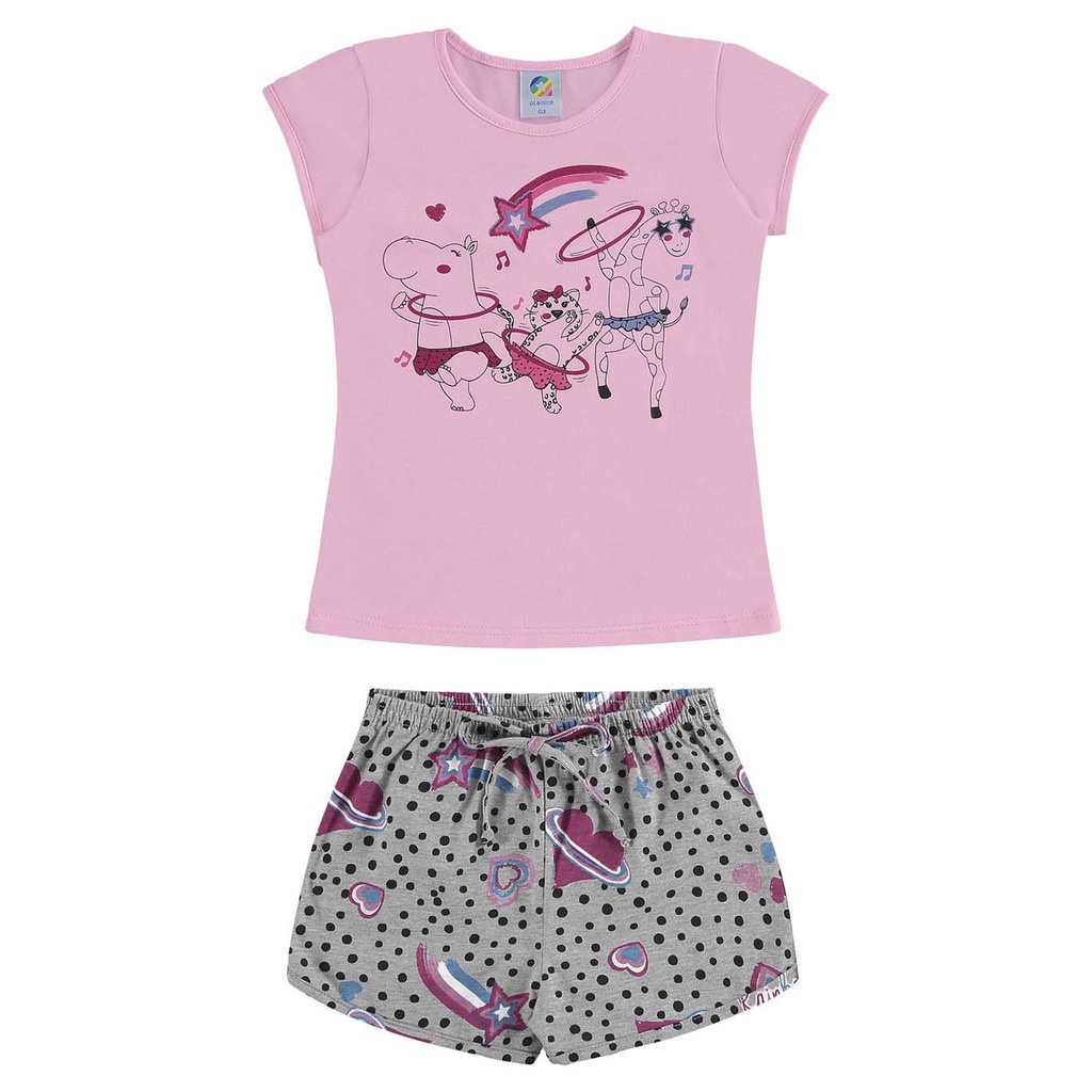 Conjunto Menina Blusa Animais e Shorts Estampado Malha Menina | Rosa