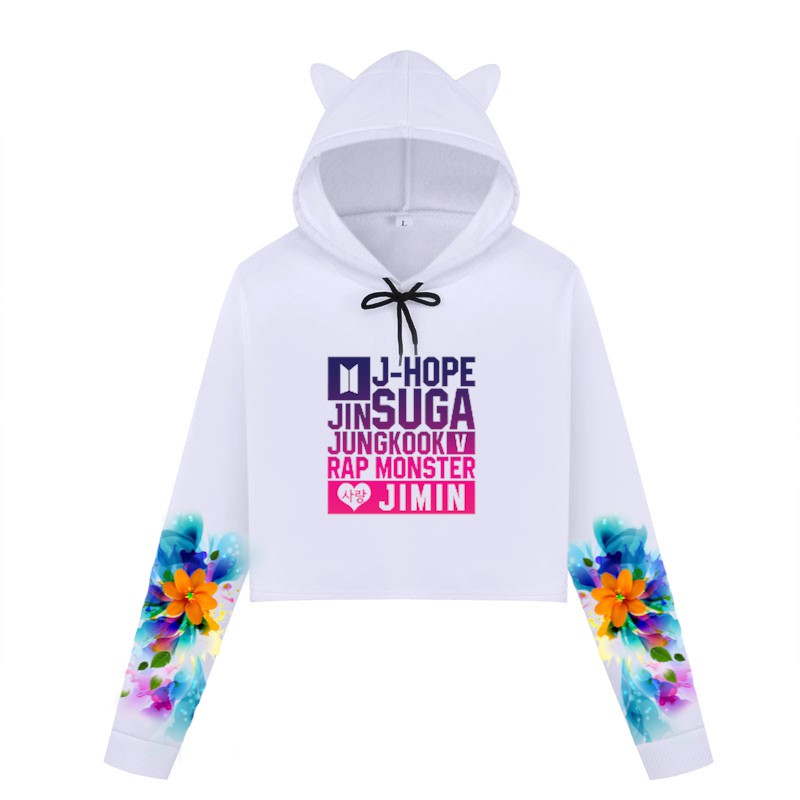 Blusa Cropped de Moletom Manga Flores Azul e Laranja Bts Integrantes Degrade A408