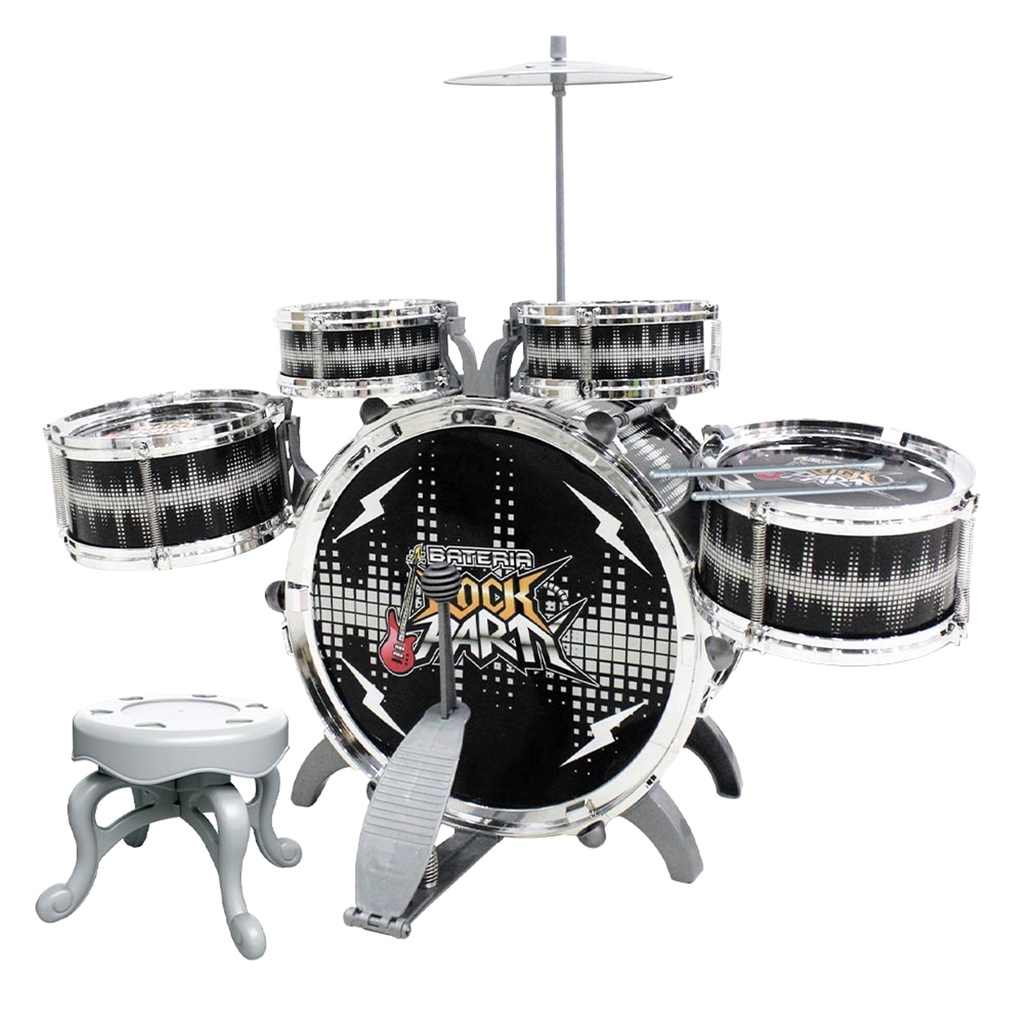 Bateria Infantil Rock Party 51Cm C/ Banquinho Tambor Pedal Baquetas - Dm Toys
