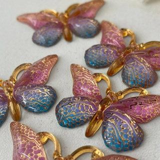 Aplique dourado Borboleta 3,8x2,4cm Rosa com Azul - pacote com 5 unidades