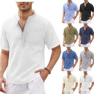 Camisa De Linho De Algodão Casual Bolso De Manga Curta Praia Roupas Masculinas