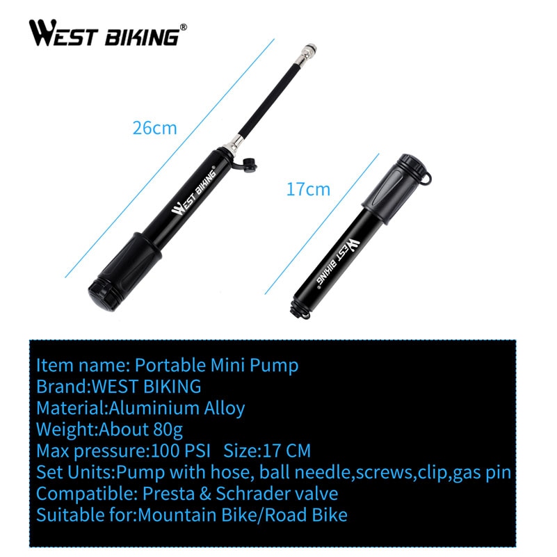 Detalhes do Bicicicicleta Oeste Mini Bomba De Bicicleta 120PSI Ar Manual De Ciclismo De Pneus Schrader Válvula Presta MTB