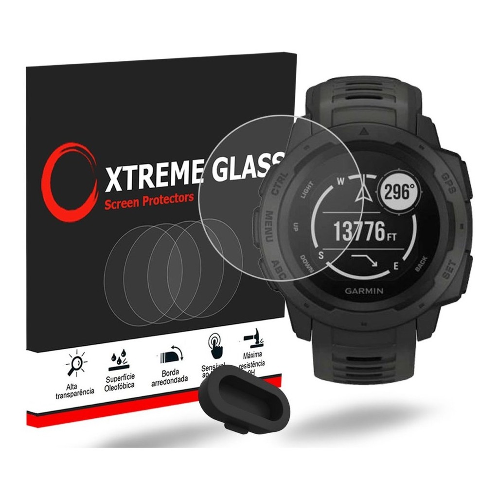 Kit Pelicula Vidro Garmin Instinct + 2 Tampa Plug Vidro Temperado Proteção Resistente