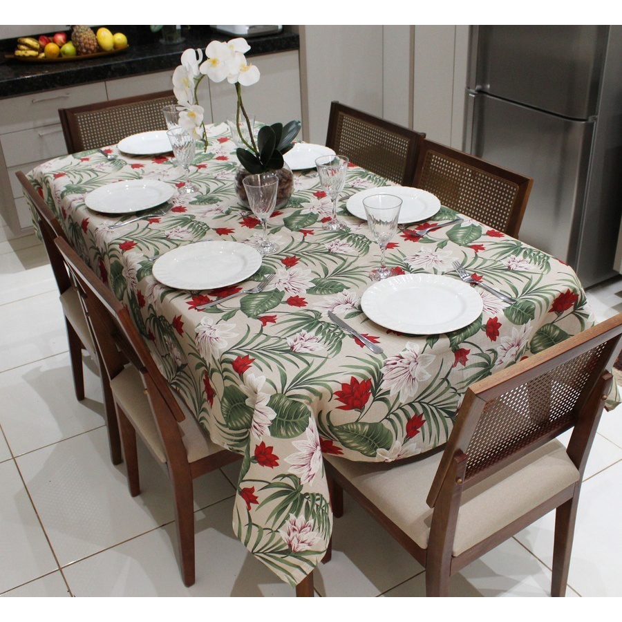 Toalha de Mesa Retangular 6 Lugares Linhão Estampado 2,20m X 1,40m Folhas Verdes Sala/Jantar