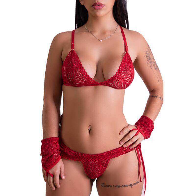 Lingerie Fascino - Conjunto em Renda com Sutiã, Calcinha Tanga e Luvas  | Cor: Vermelho| Tamanho: G em Oferta na Shopee