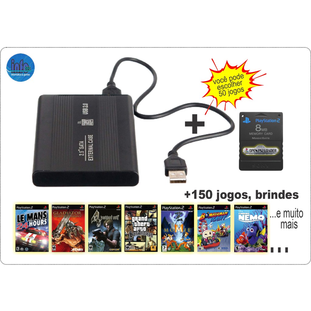 Kit Para Play 2 HD Externo 500GB + Memory Card com OPL