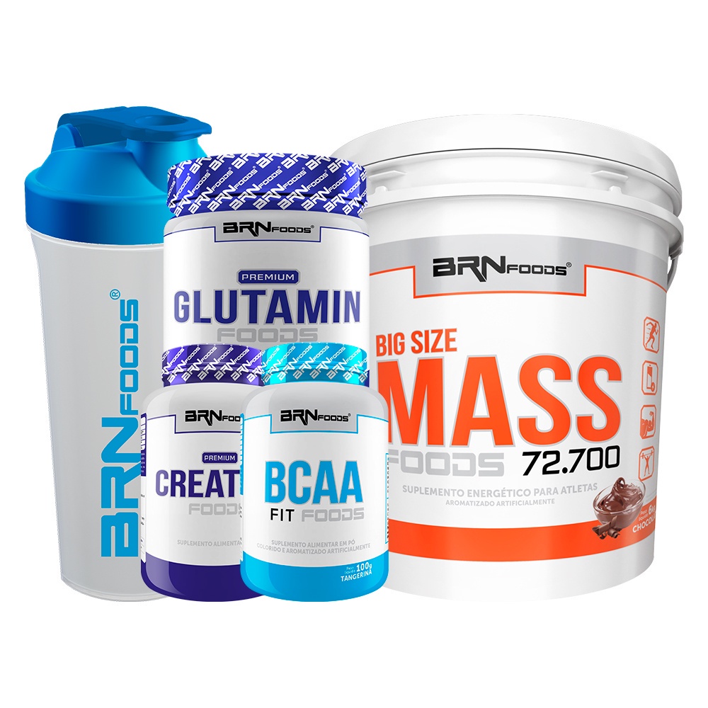 Kit Hipercalórico para ganho de massa - Hipercalórico Big Size Mass 6kg + BCAA 100g + Premium Creatina 100g + Glutamina 250g + Coqueteleira - BRNFOODS
