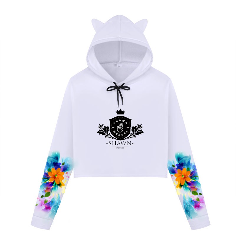 Blusa Cropped de Moletom Flores Azul e Laranja Shawn Mendes A466
