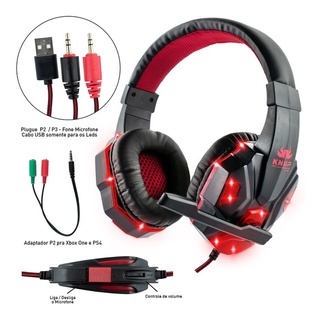 Headset Gamer Fone Ouvido com Microfone Usb P2 Led Pc Ps4 Celular Jogos Knup KP-396