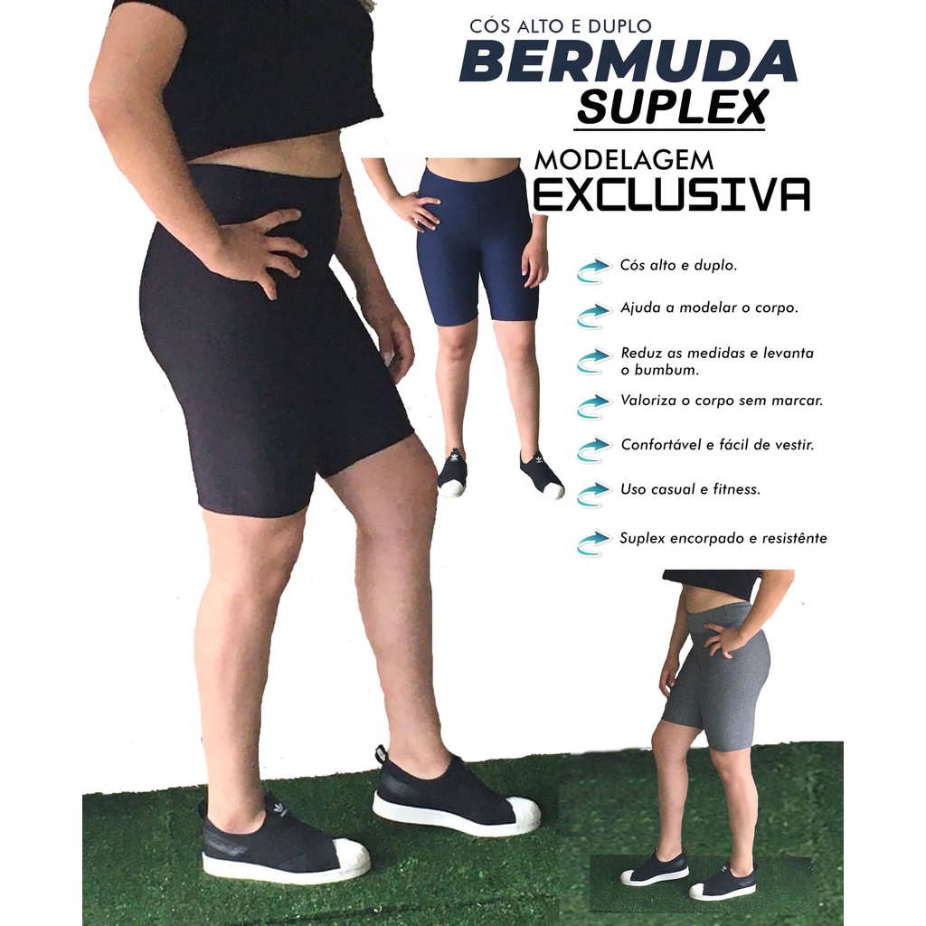 Bermuda Ciclista Shorts Fitness Suplex com cós alto e elástico na cintura