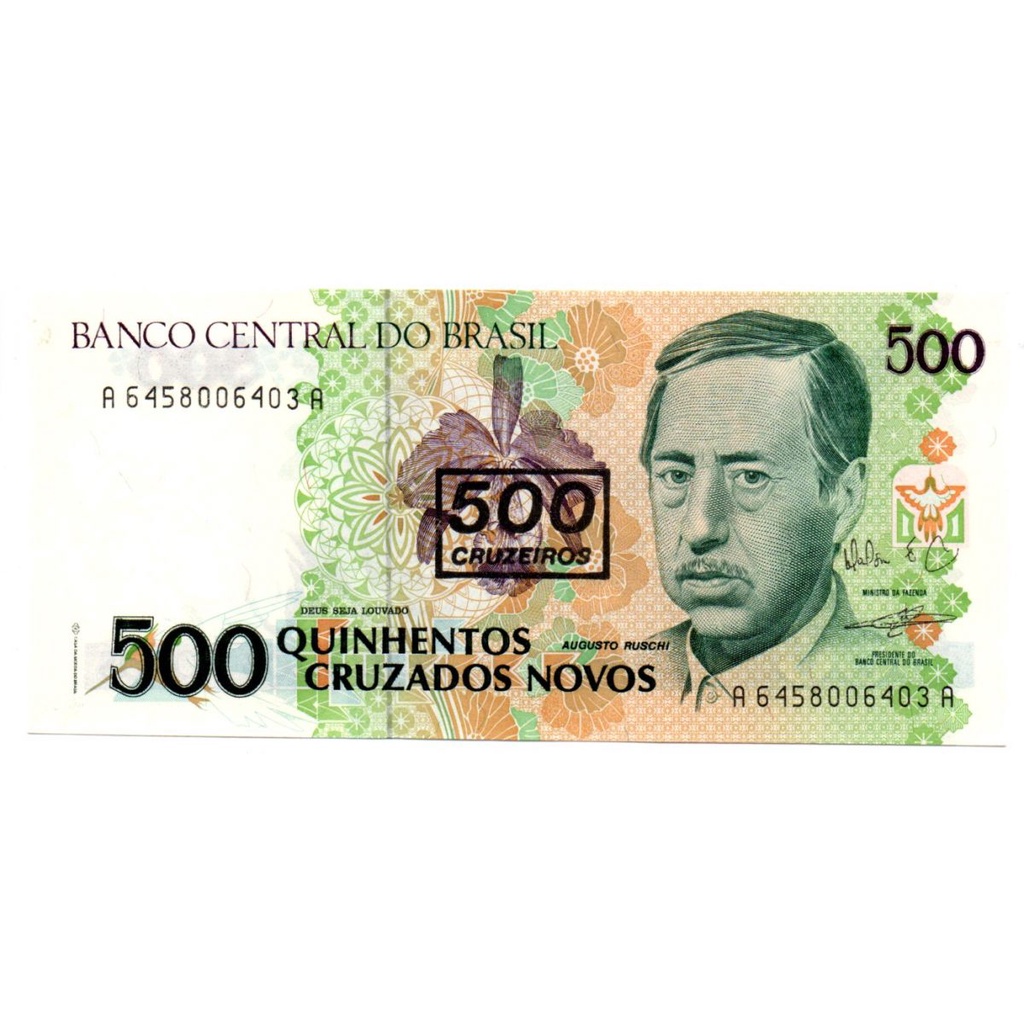 500 Cruzeiros (Carimbo sob 500 Cruzados Novos) Augusto Ruschi C213 Fe Cédula Antiga