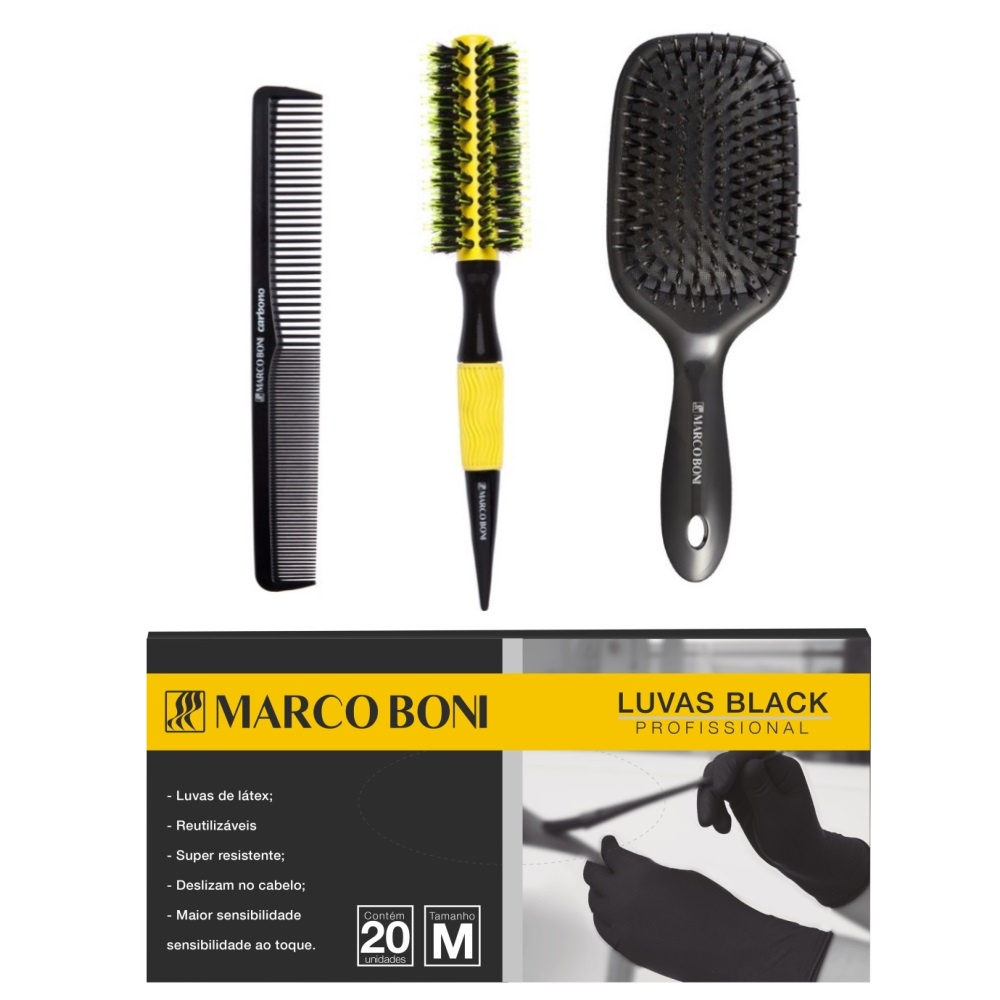KIT CABELEIREIRO PENTE CARBONO ESCOVA CERAMICA E RAQUETE 20UN LUVA M BLACK MARCO BONI
