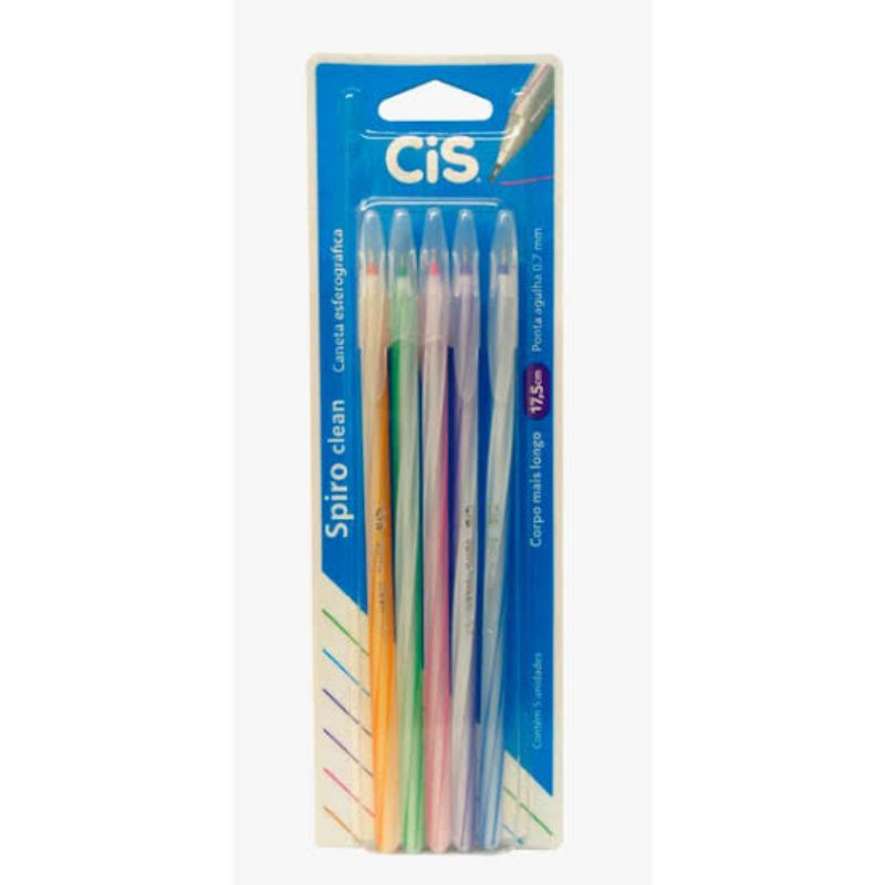 Caneta Cis Spiro Clean 0.7mm Esferográfica Kit 5 Unidades - Cis