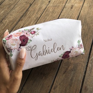 Necessaire Box Grande com nome - Floral Marsala Tamanho 10x11x18
