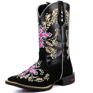 Bota Texana Feminina Bico Quadrado Confortavel Bordado Cruz Country