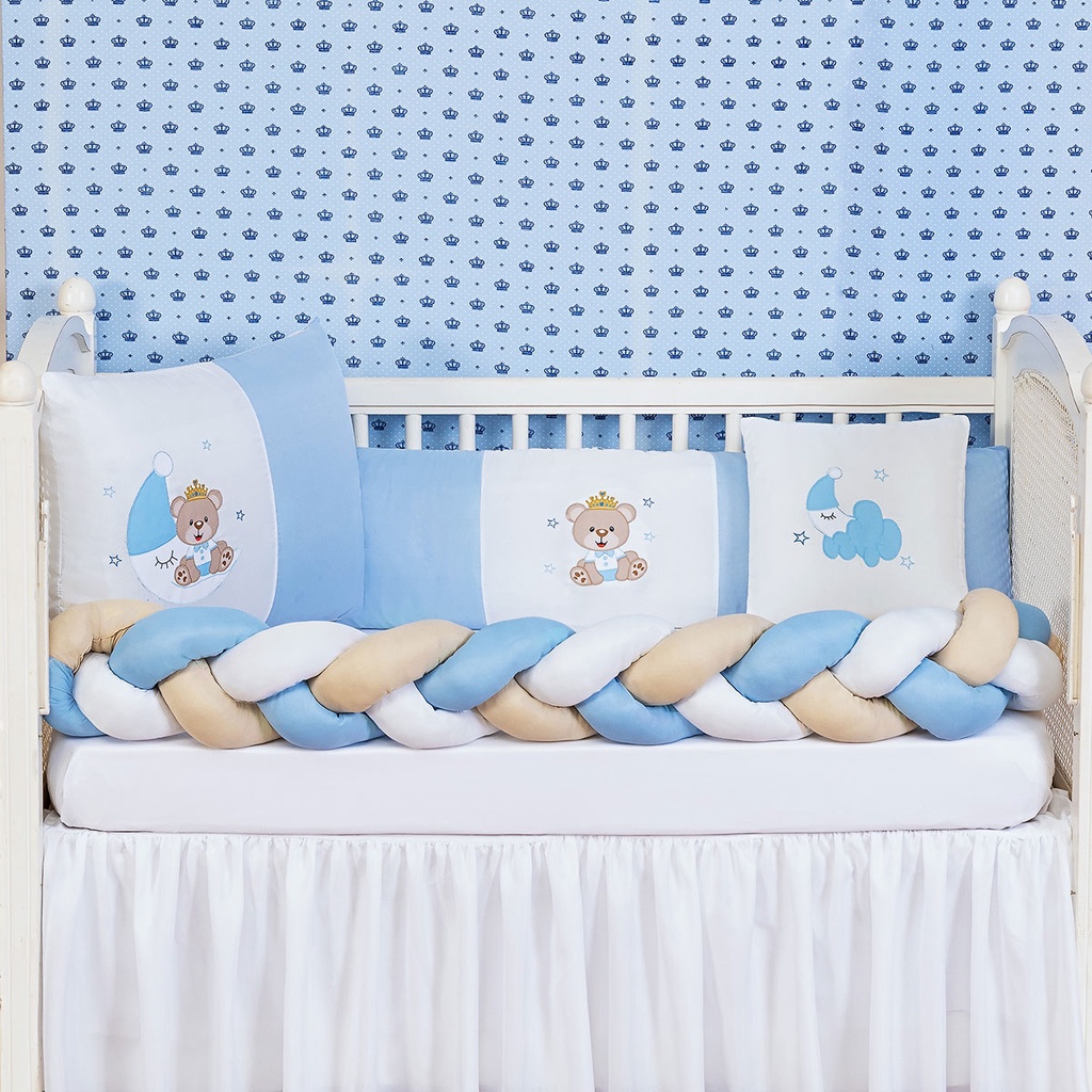 Kit Berço Urso Lua Azul Claro Menino Americano Com Lençol 6 Peças LINHA BABY REI DO KIT BERÇO