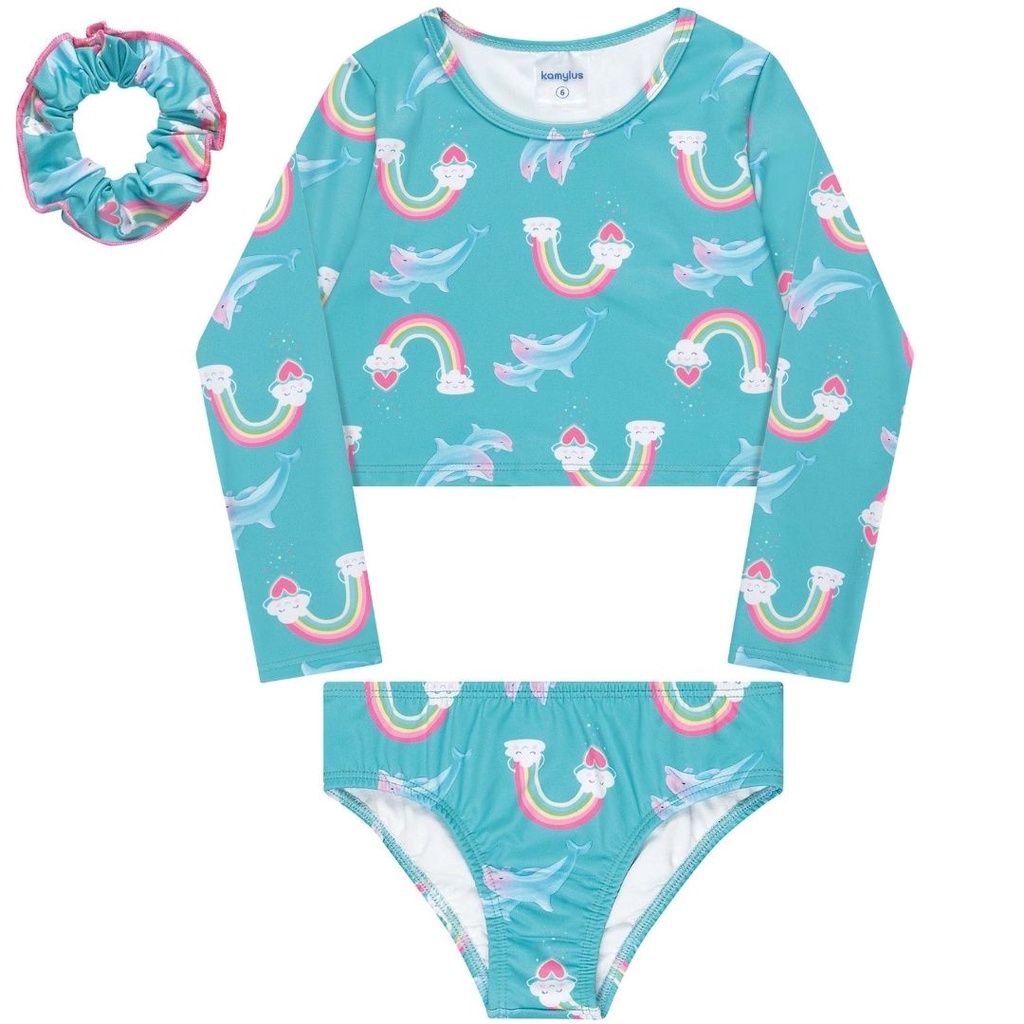 Biquíni Manga Longa Cropped Infantil Juvenil Feminino Proteção Uv50+ Menina Roupa de Praia