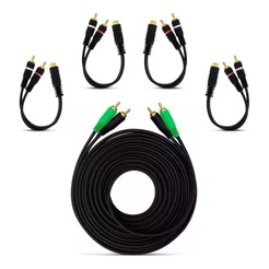 Kit 4 Cabos Y 2 Machos 1 Fêmea + Rca Blindado 5 Metros Preto