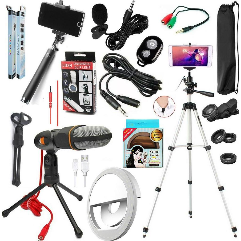 Kit Youtuber Microfone Condensador De Mesa Lapela Tripé Profissional Mini Clip Led Ring Light Pau de Selfie Gravar Vídeo