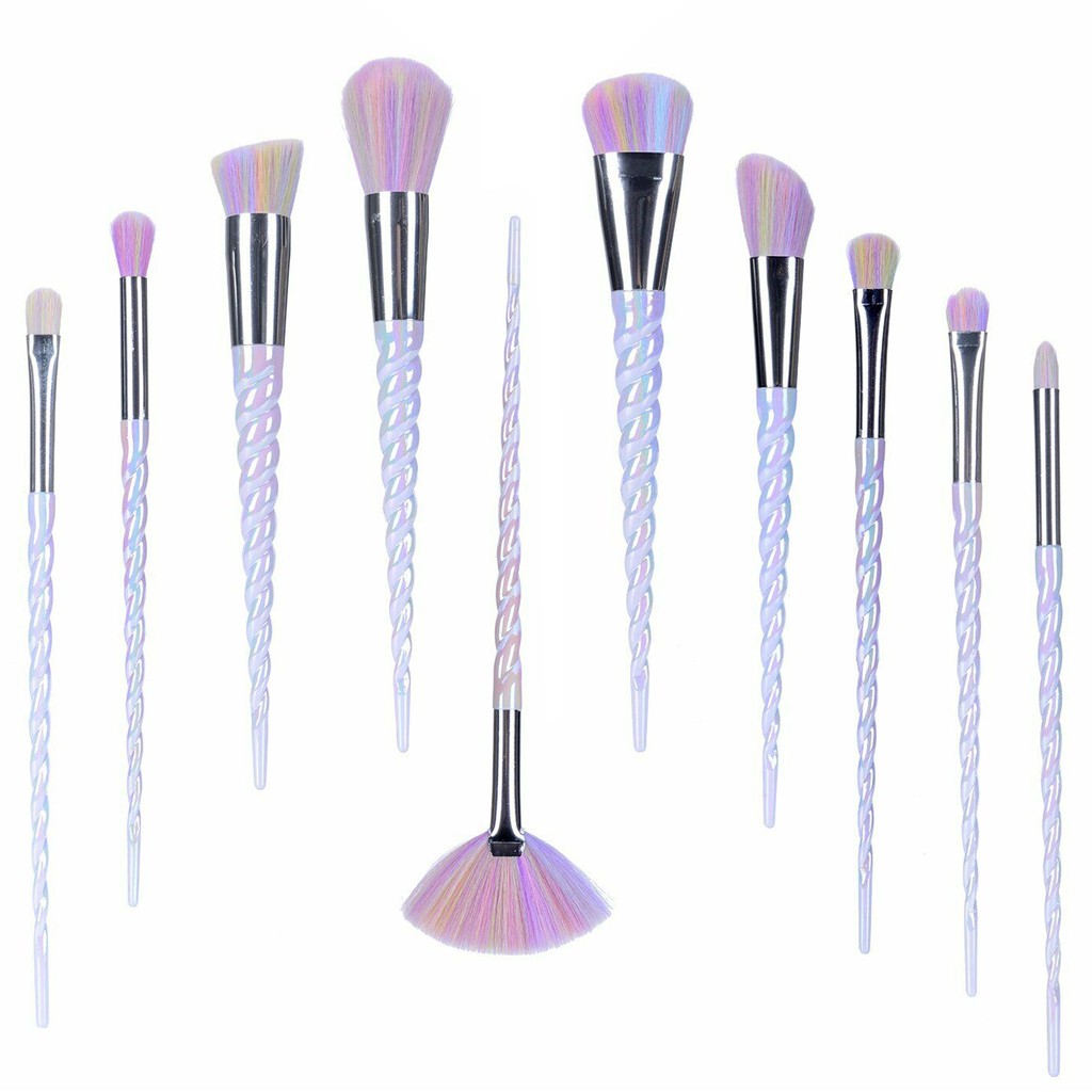 Kit Pinceis Maquiagem Profissional 10 Peças Holográfico Unicórnio GT907 Lorben