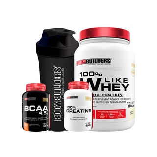 KIT 100% Like Whey 900g, BCAA 100g Tangerina, 100% Creatina 100g, Coqueteleira - Bodybuilders