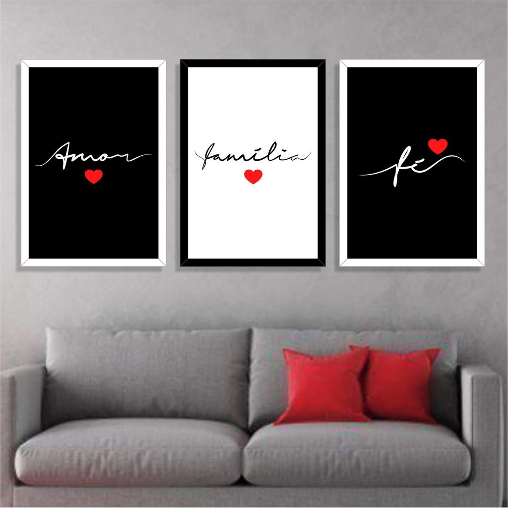 Placa Quadro Decorativo Kit 3 Peças Para Sala Amor Fé Família Branco e Preto Quadro Mdf 20x30