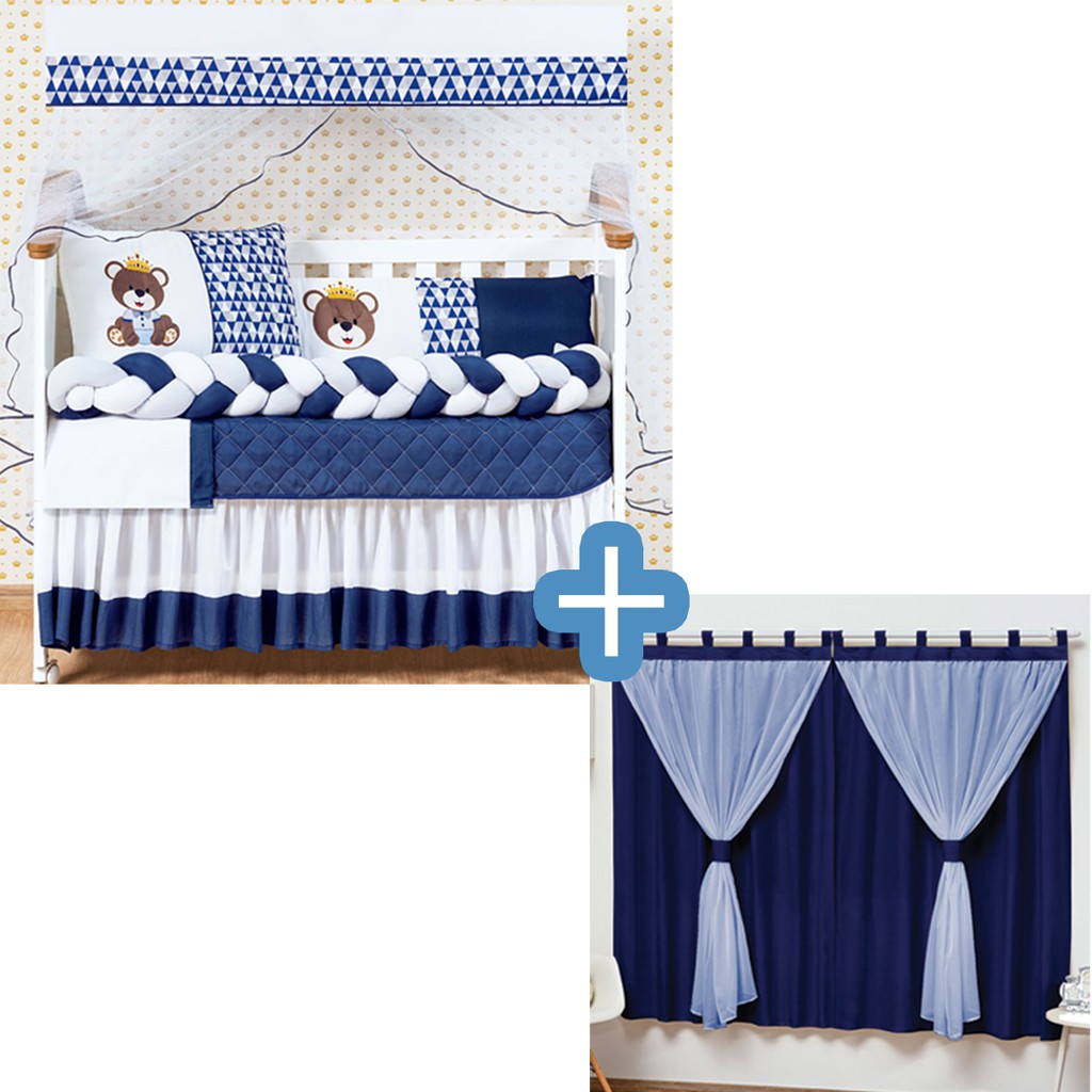 Kit De Berço Americano Trança Urso Rei Menino 11 Peças + Cortina
