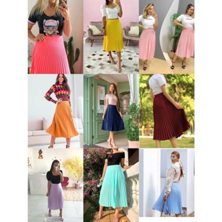 Saia Plissada Midi Forrada Lisa-089 em Oferta na Shopee