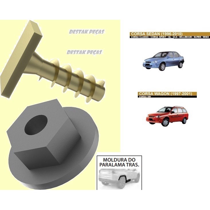 Kit fixadores com 12 peças da moldura do paralama tras. Chevrolet Corsa Sedan 1996 até 2010