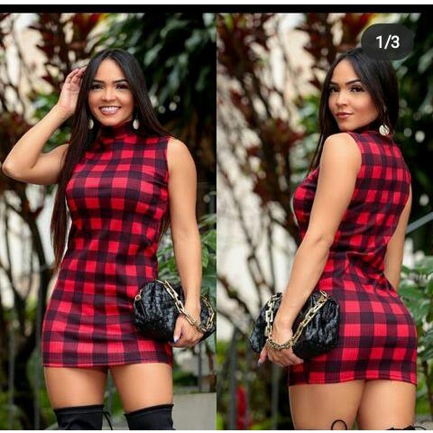 Vestido feminino xadrez tecido canelado manga cavada tendência versátil