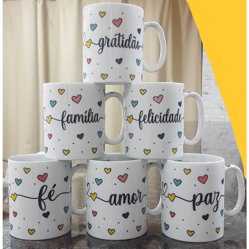 Jogo 6 canecas 300ml Frases Motivacionais - Kit Porcelana