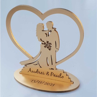 Topo de Bolo Decoração Casal Noivos Todo Dourado Personalizado Gravação