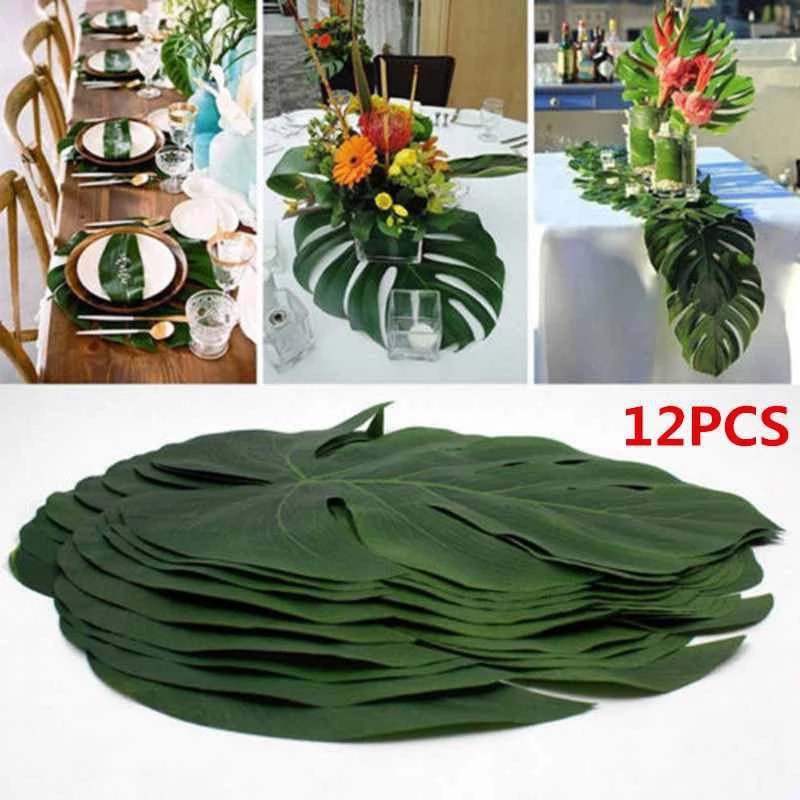 12pcs Artificial Folhas De Palmeira Tropical Corredor Da Tabela Festa De Verão Selva Luau Havaiano Tema Aniversário Decoração De Casamento Casa Placemat