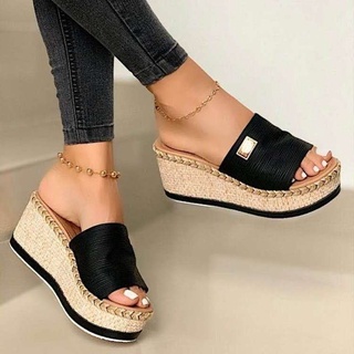 Novas Sandálias De Salto De Inclinação Simples De Verão Muffin De Sola Grossa Sapatos Femininos De Uma Face