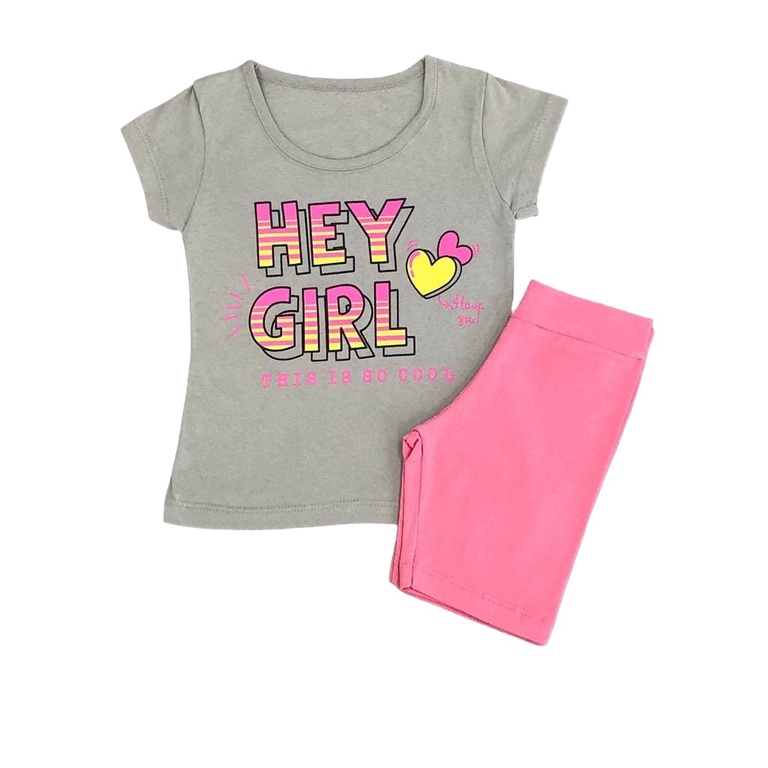 Conjunto Infantil Shorts Legging Rosa Chiclete e Blusa Manga Curta Cinza Tamanho 01 ao 14 Para Meninas
