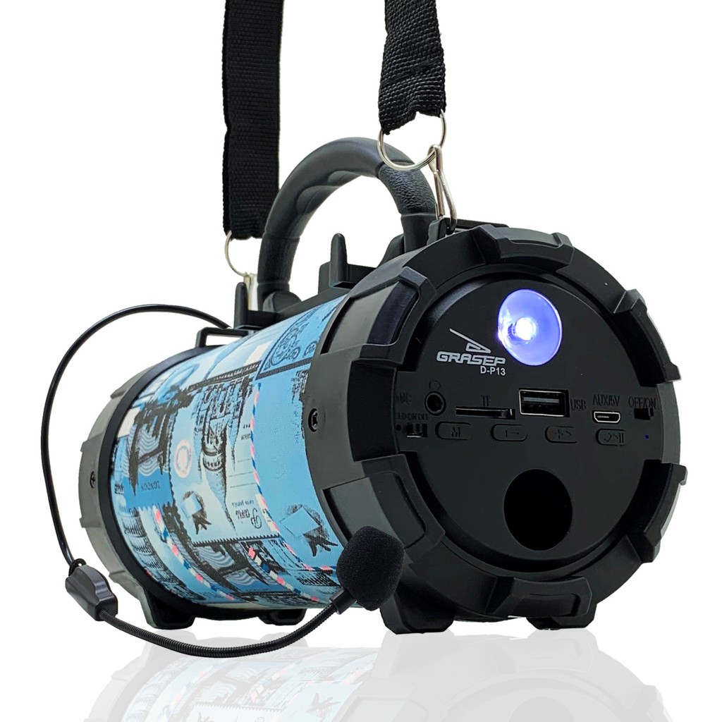 Caixa Alto Falante Bluetooth Portátil Amplificada Grasep Canhão C/ Alça e Mic