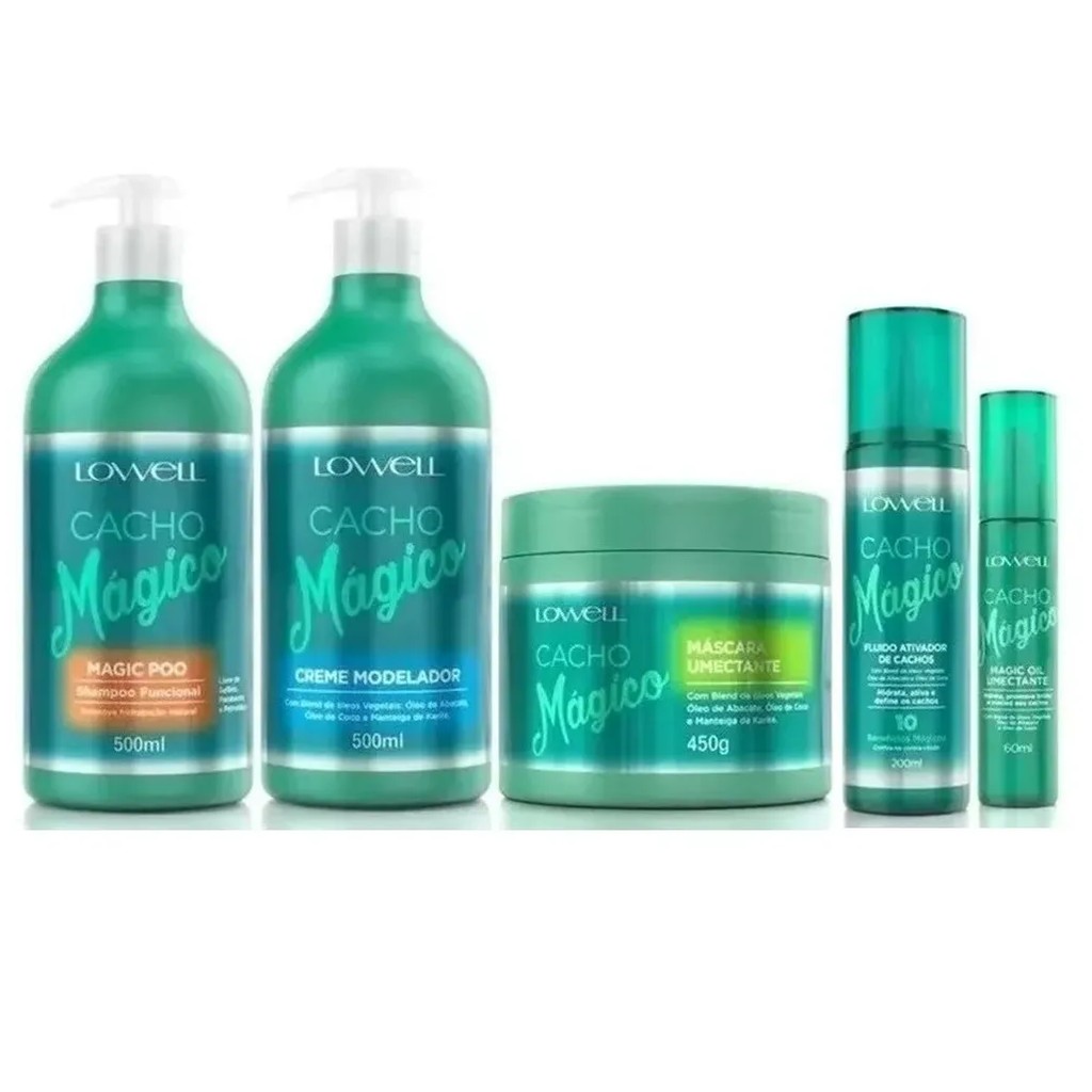Cacho Mágico Shampoo + Creme Modelador 500ml+ Máscara 450 g + Fluido + óleo Lowell