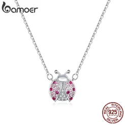 Bamoer 925 Sterling Silver Rosa CZ Joaninha Inseto Cadeia Colar De Pingente Para As Mulheres 45 Centímetros Presentes Miúdo Jóias Finas SCN400