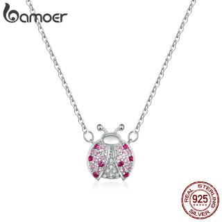 Bamoer 925 Sterling Silver Rosa CZ Joaninha Inseto Cadeia Colar De Pingente Para As Mulheres 45 Centímetros Presentes Miúdo Jóias Finas SCN400