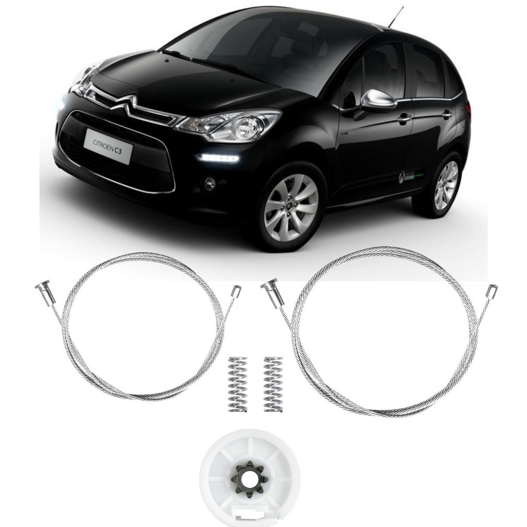 Kit Reparo Maquina De Vidro Elétrico Citroen C3 Hatch Porta Traseira Lado Esquerdo e Direito Com Roldana Molas Cabo Aço