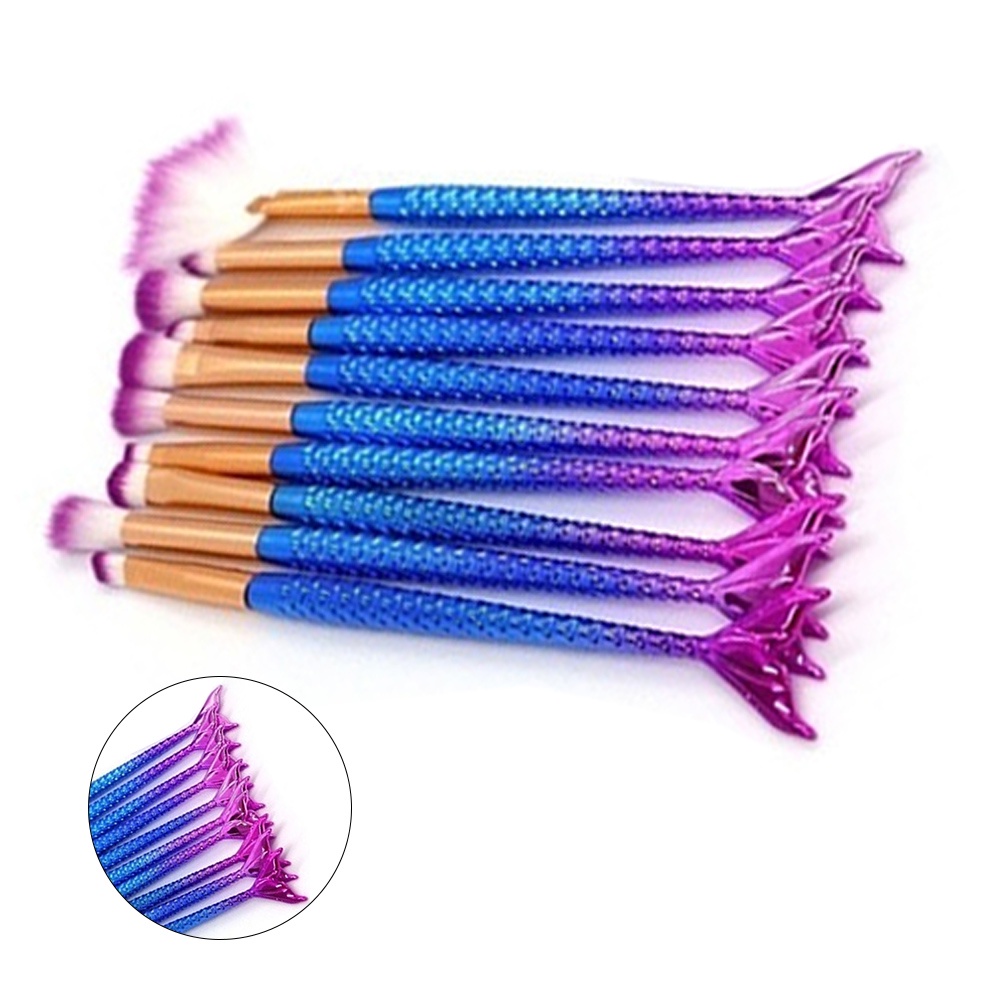 Pincel Maquiagem Kit 10 Peças Sereia Sombra Delineador Mermaid Make Up