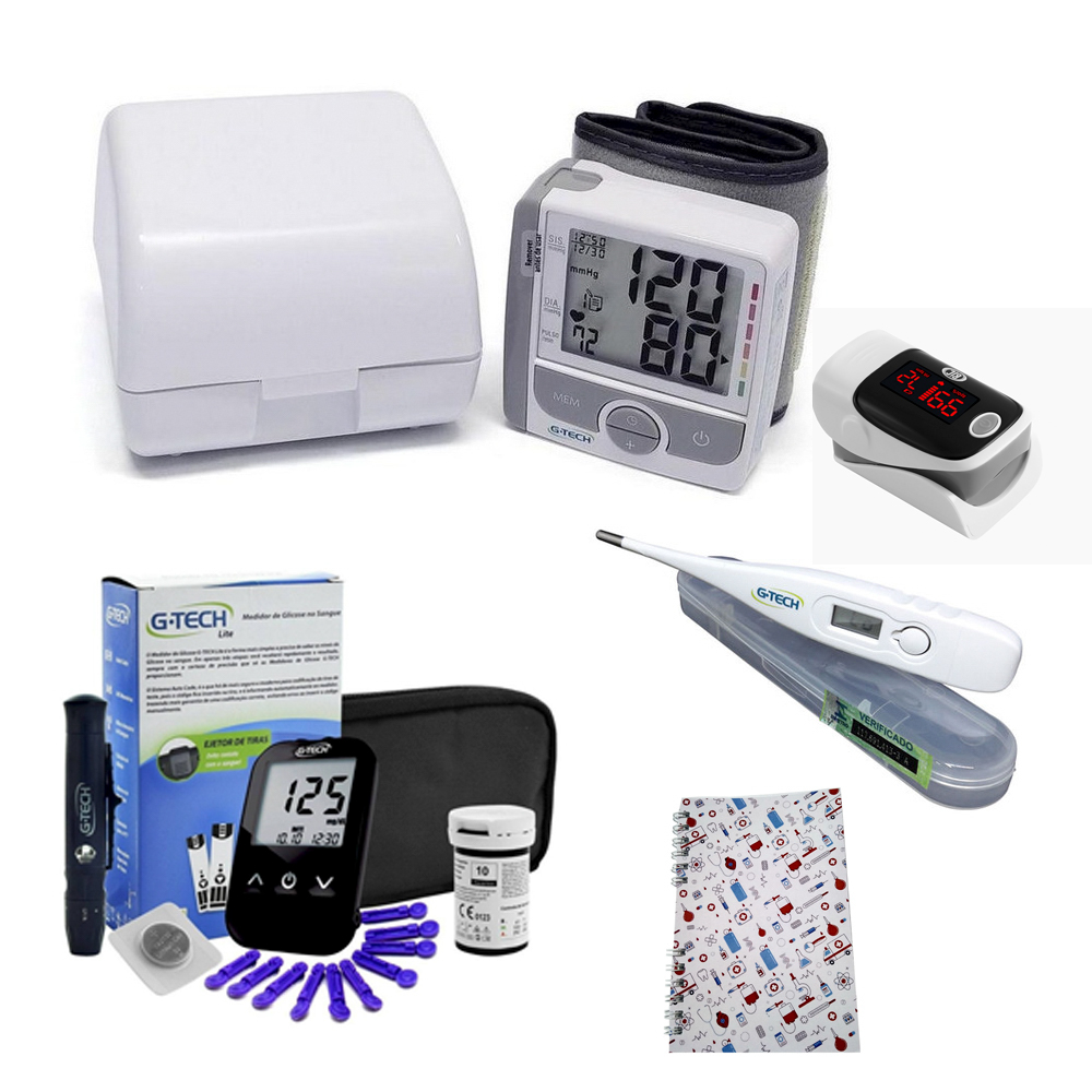 Kit Medidor Glicose Glicossimetro Aparelho de Pressão Digital Kit Enfermagem Oximetro