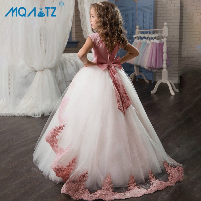 MQATZ Adolescente Longo Vestido De Noite Da Dama De Honra Meninas Princesa Menina Crianças Vestidos Rendas Arco LP-255