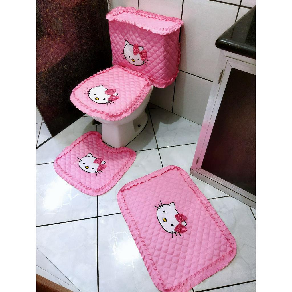 Jogo de banheiro gatinha igual hello kitty kit tapetes 4 peças com capa para caixa acoplada decoração fofa enxoval rosa
